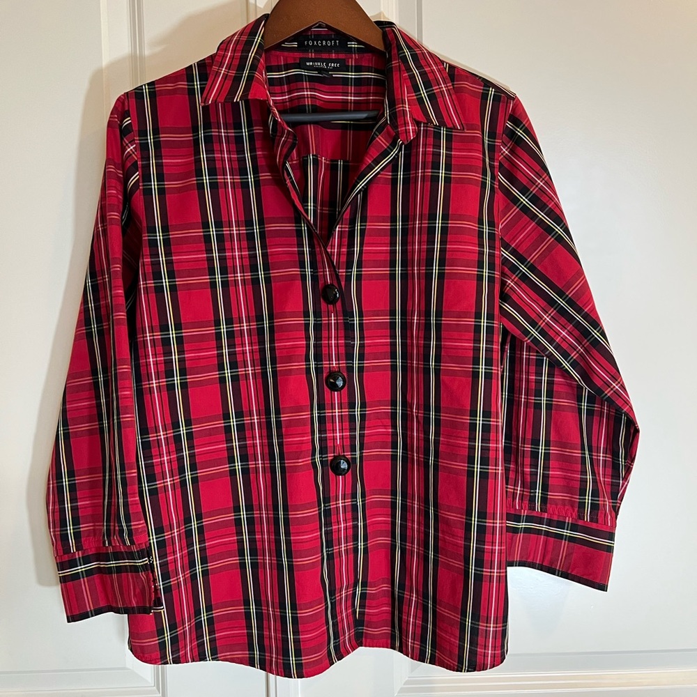 Foxcroft Christmas Holiday Plaid Blouse Wrinkle Free Tartan Size 14